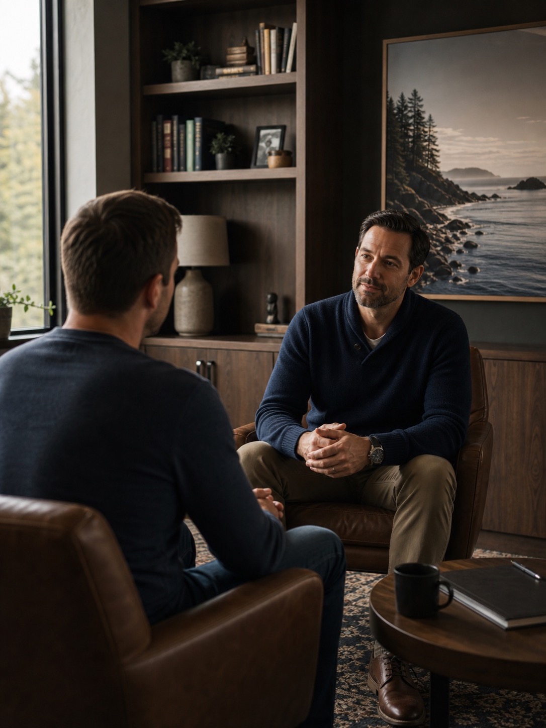 Counsellor and client in a calm, private therapy office in Langley BC